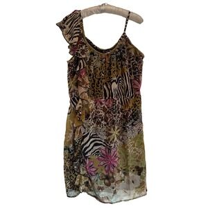 Angie Mixed Print One Shoulder Ruffle Dress Animal Floral Juniors Sz XL FLAWS